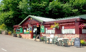 Cafeteria with tables and chairs outside