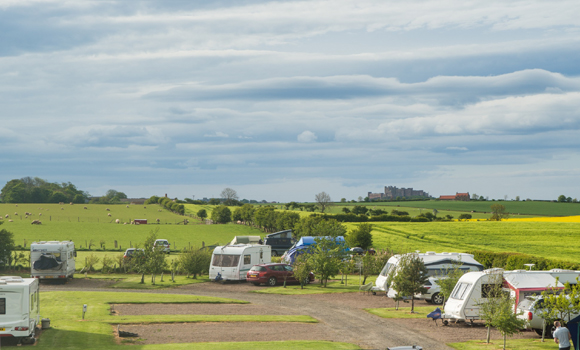 Caravan pitches with Bamburgh Castle.